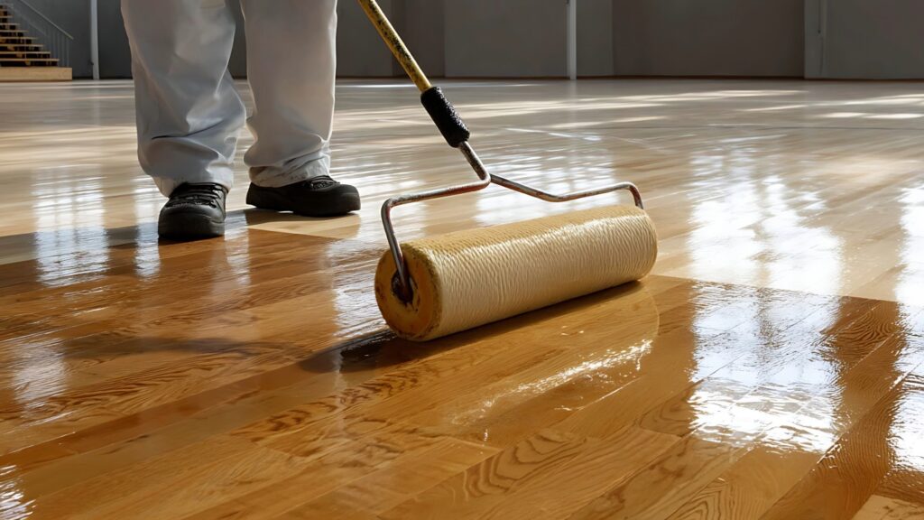 A person varnishing a hardwood floor with a roller applicator