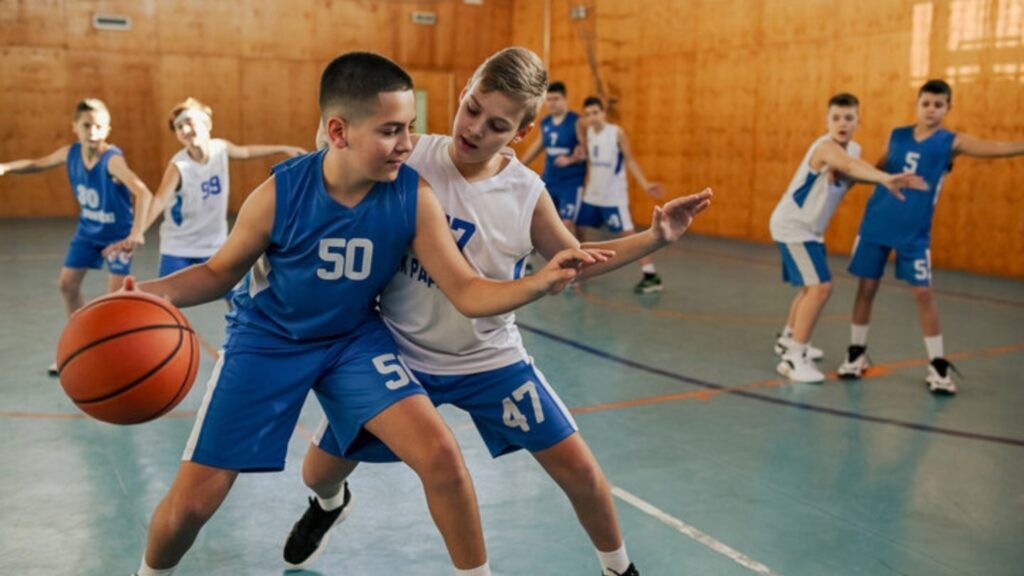Young basketball players in a gym during a game