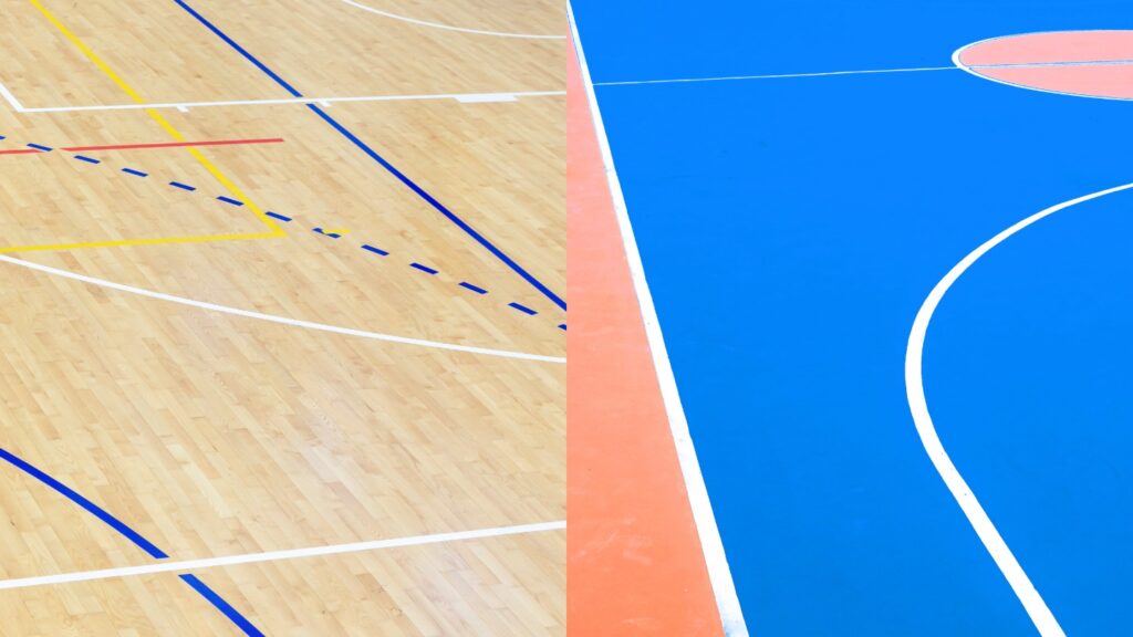 Side by side comparison of a basketball court and a volleyball court