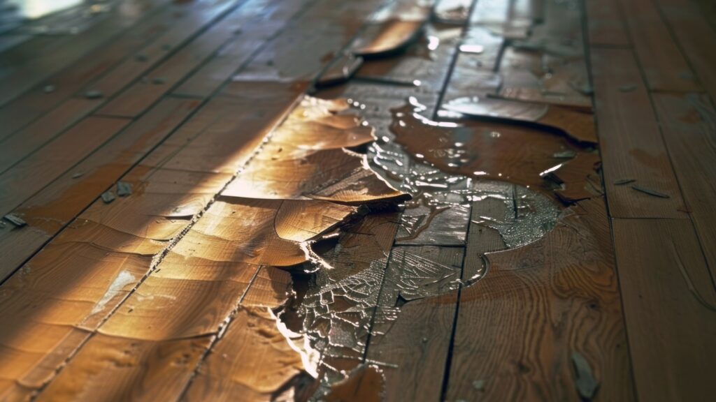 Warped wooden floorboards with water damage and peeling surface