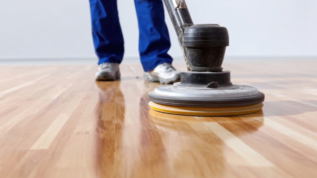 Floor polishing machine in use on a wooden floor with person in blue pants