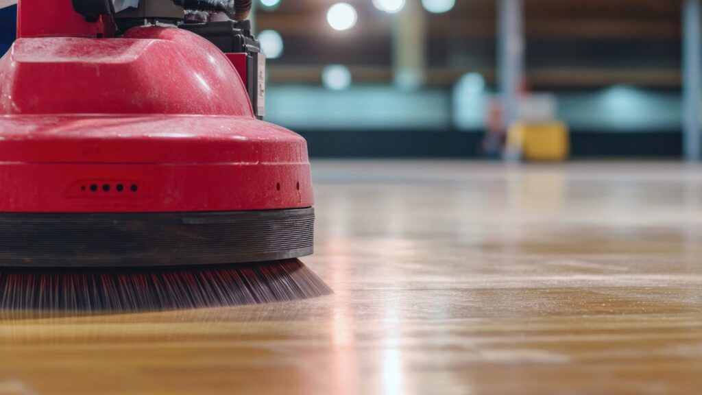 Close-up of a red floor polishing machine on a wooden floor