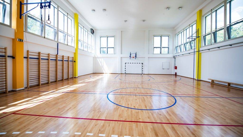 Empty European Gym Class For School Sports For Football, Basketball And Handball