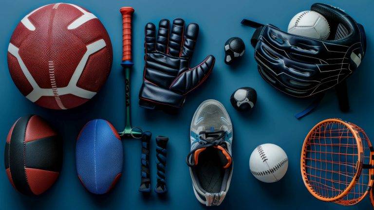 Various sports equipment laid out on a blue background including balls, gloves, shoes, and rackets