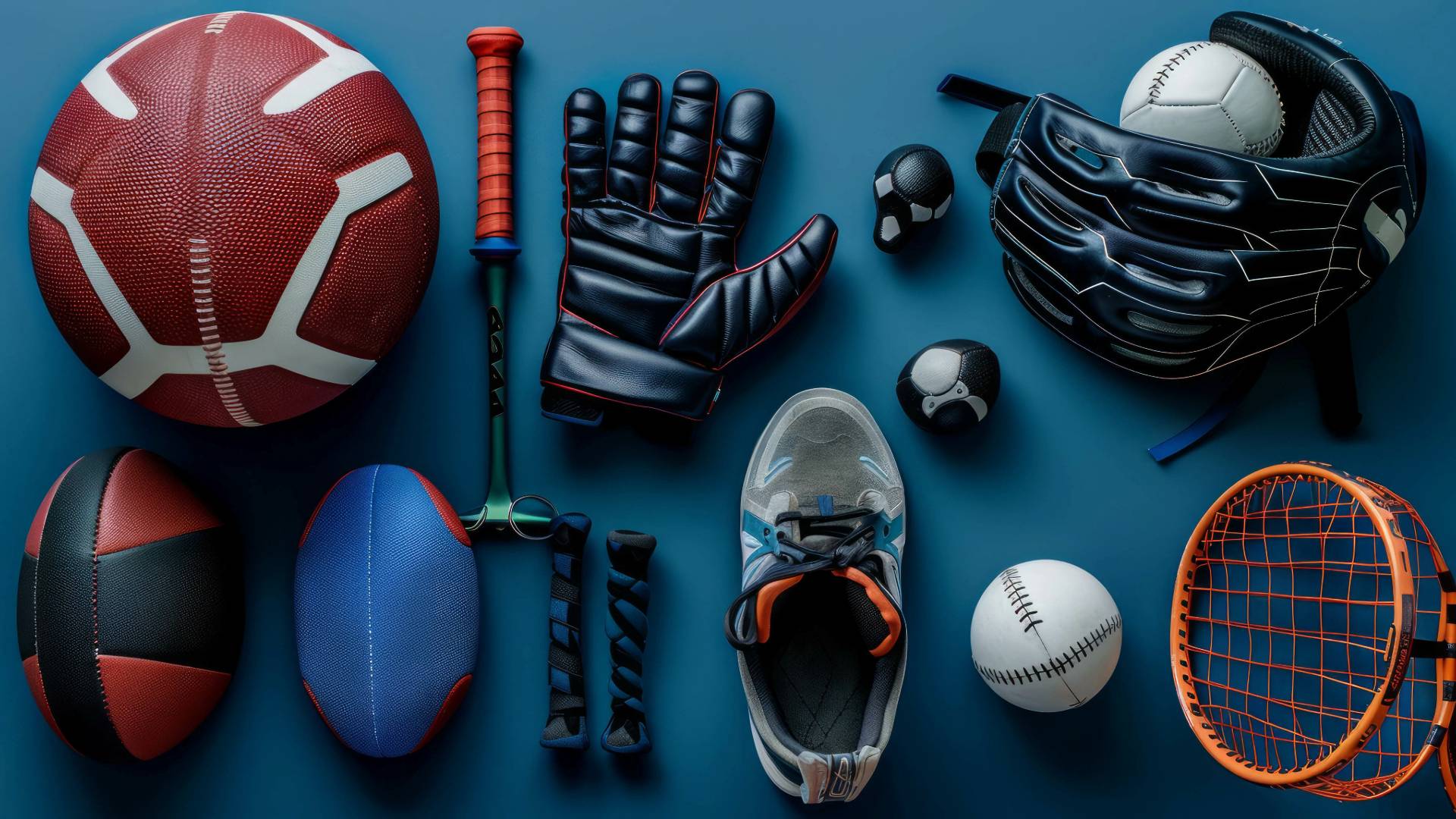 Various sports equipment laid out on a blue background including balls, gloves, shoes, and rackets