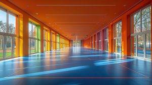 Bright and modern sports hall with colorful walls and natural lighting from large windows, featuring a polished sports floor.