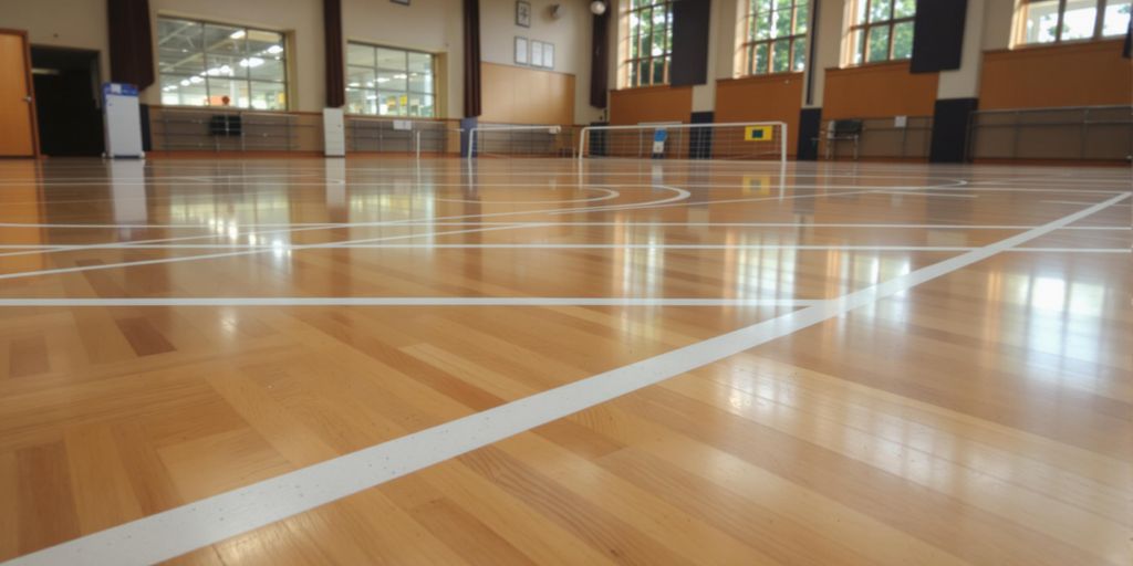 Netball court lines, school hall, natural light.