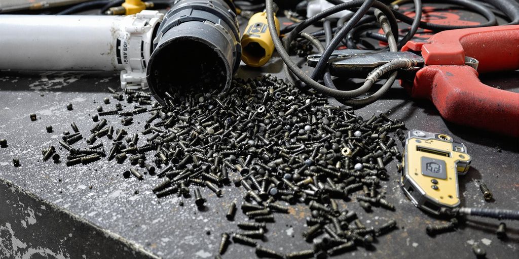 Close-up of spilled screws, tools, and a broken pipe.