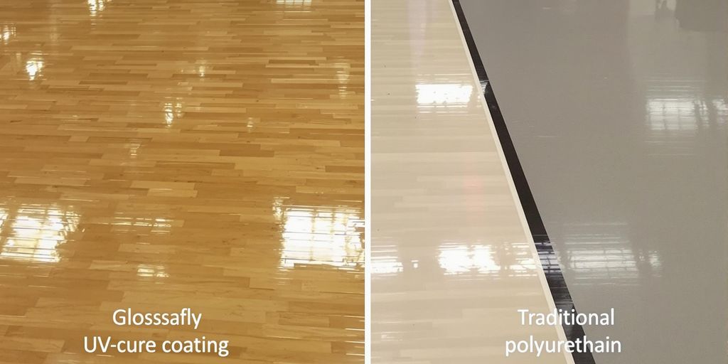 Sports floor with UV-cured and polyurethane sections