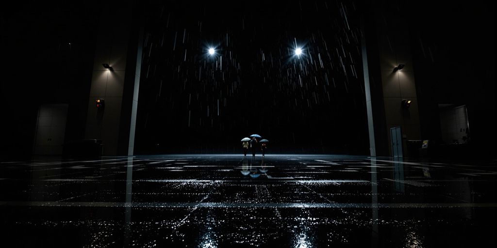 Wet floor, arena entrance, dark, rainy, reflective.
