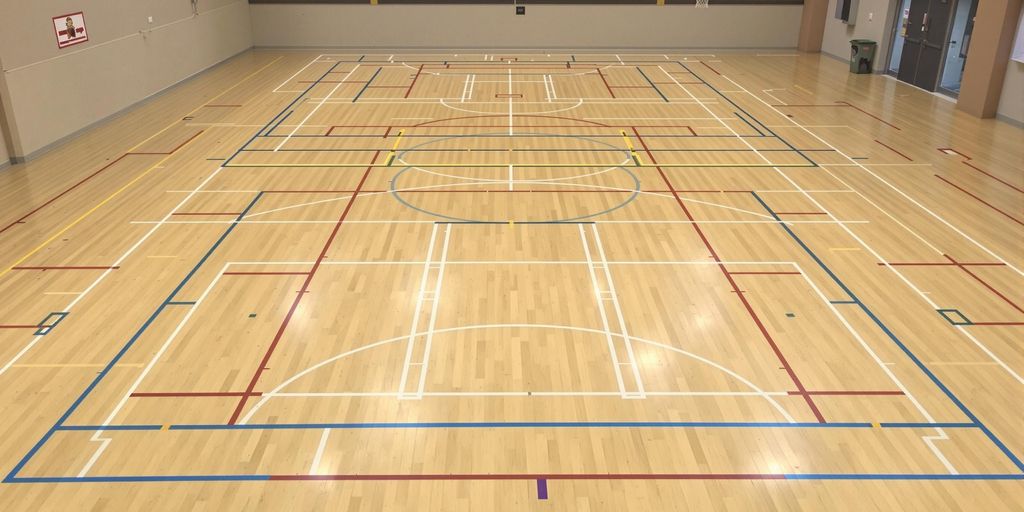Smooth wooden sports floor with court markings.