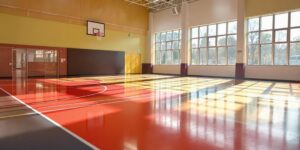 Smooth basketball court floor, colourful school sports hall.