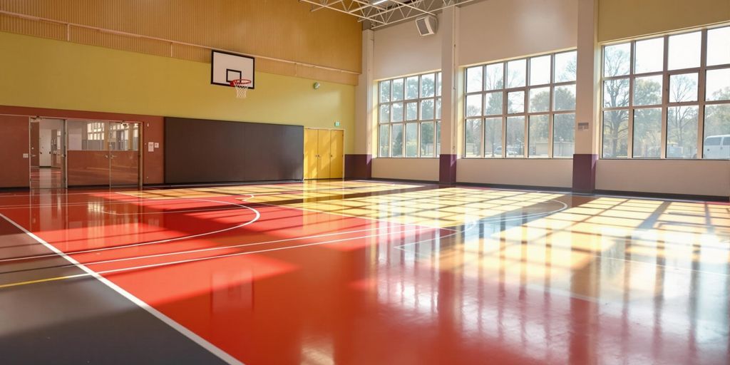 Smooth basketball court floor, colourful school sports hall.