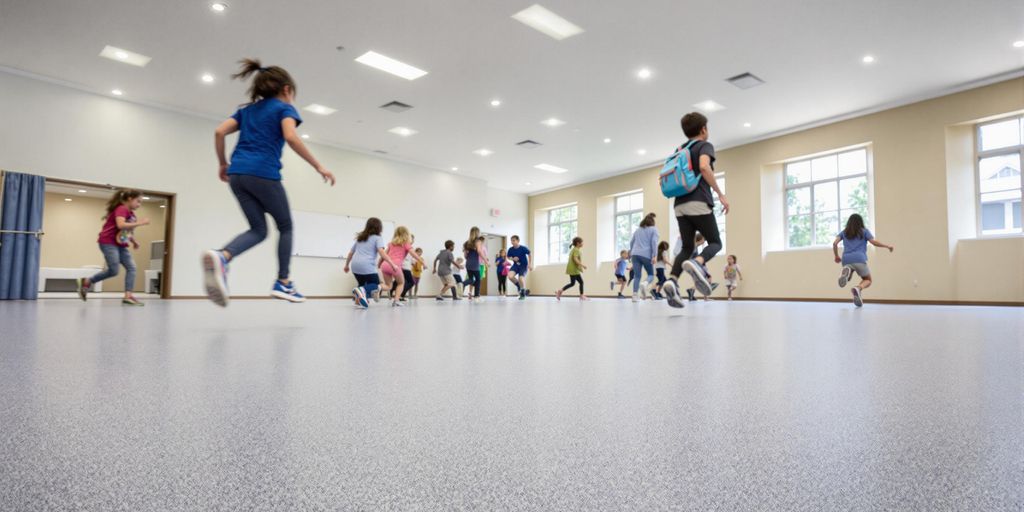 Kids playing in a school gym with acoustic flooring.