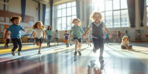Children on colourful gym floor in school hall.