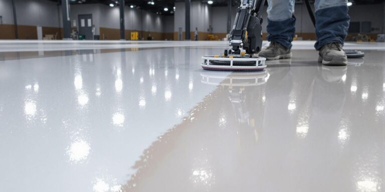 Epoxy floor application in progress at night.