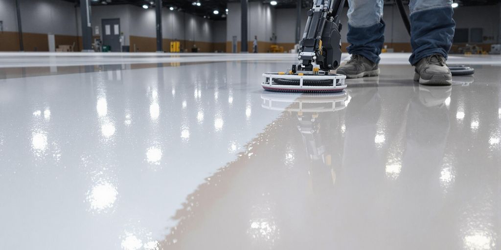 Epoxy floor application in progress at night.