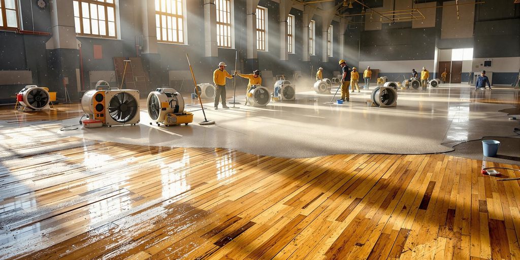 Workers drying and repairing flood-damaged hall flooring.