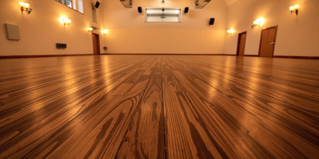 Choir hall: new acoustic flooring, empty, warm lighting.