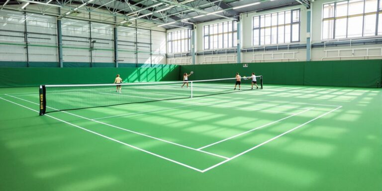 Indoor tennis court, students playing, Bristol university branding.