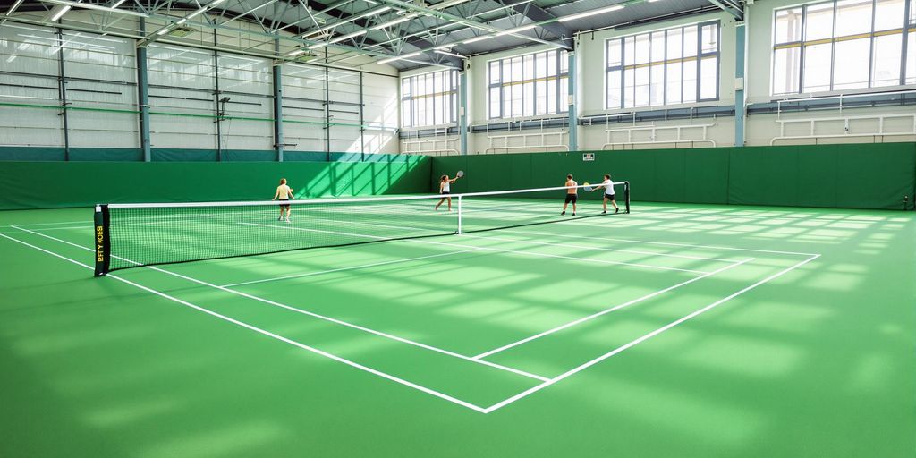 Indoor tennis court, students playing, Bristol university branding.