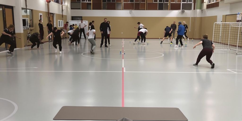 Durable hall floor with dancers and footballers.
