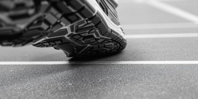 Close-up of trainers on sports court.