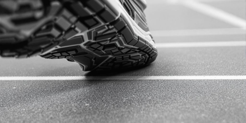 Close-up of trainers on sports court.