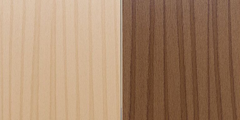 Two contrasting hardwood floor samples side by side.