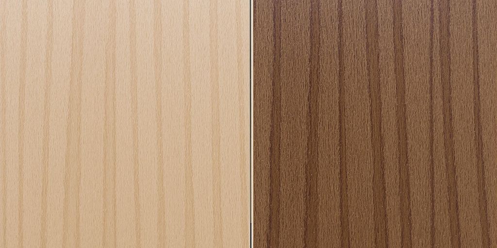 Two contrasting hardwood floor samples side by side.