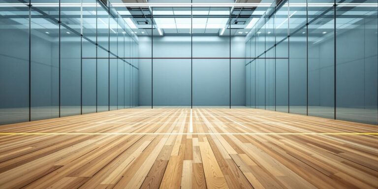 Glass-back squash court with wooden floor.