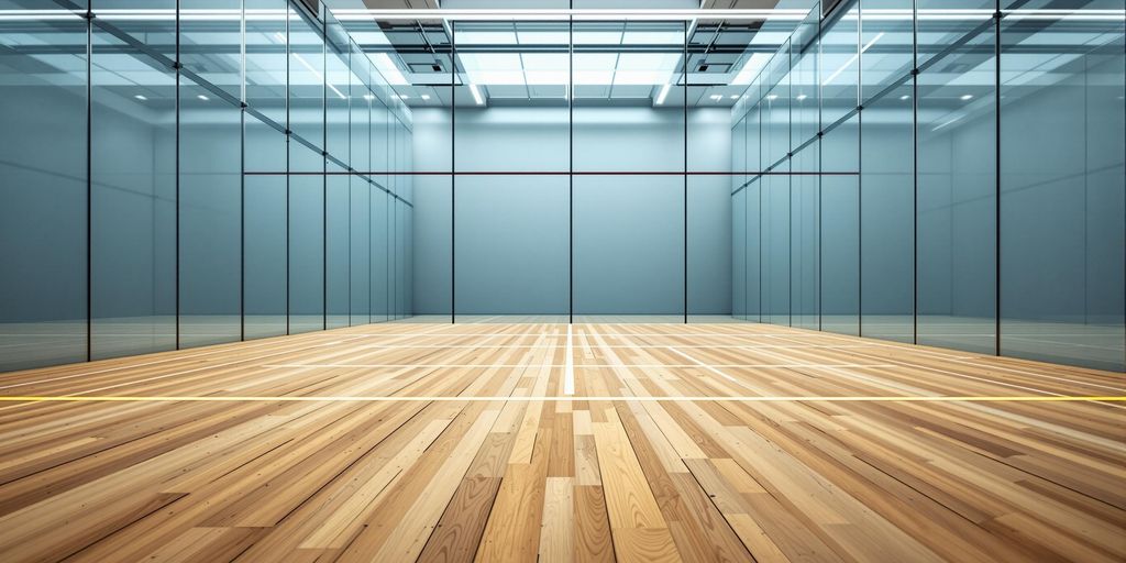 Glass-back squash court with wooden floor.