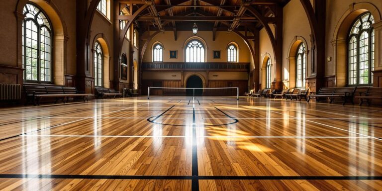 Polished timber multi-sport floor in Oxford heritage hall.