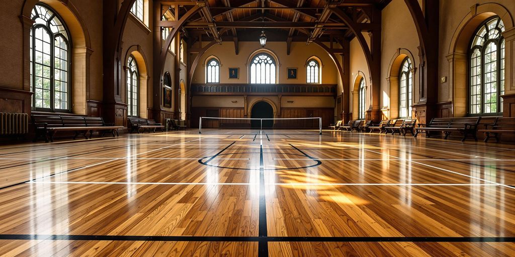 Polished timber multi-sport floor in Oxford heritage hall.