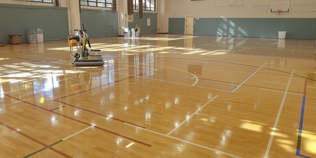 Clean, polished gym floor with maintenance equipment.