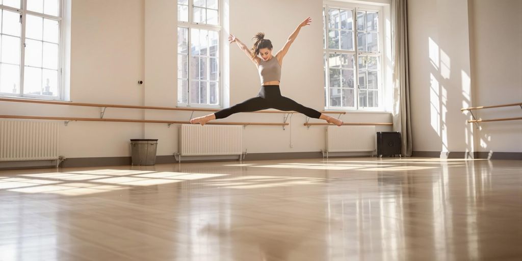 Dancer leaping over bright, bouncy dance studio floor.