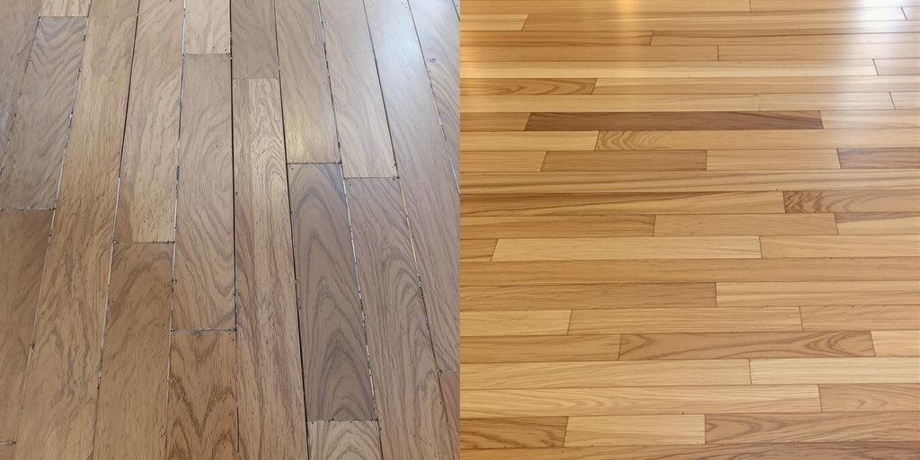Distressed and new flooring side-by-side.