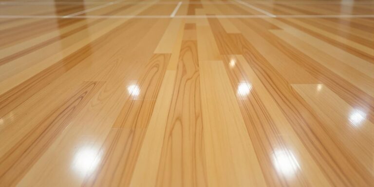 Polished hardwood sports court with light reflecting.