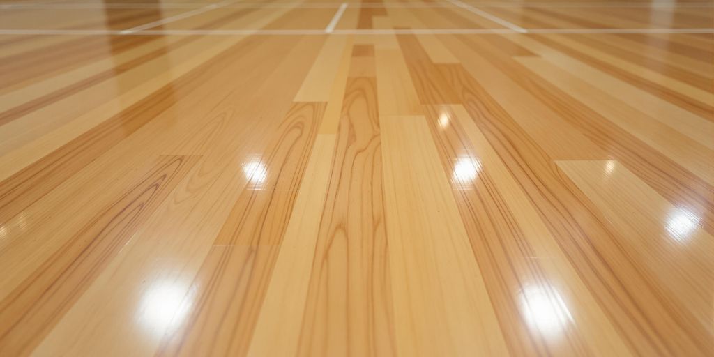 Polished hardwood sports court with light reflecting.