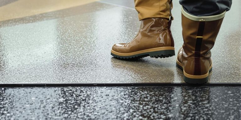 Wet entrance, person walking, coated floor.
