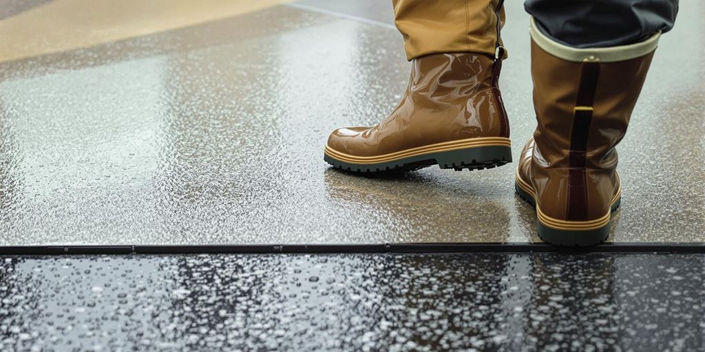 Wet entrance, person walking, coated floor.