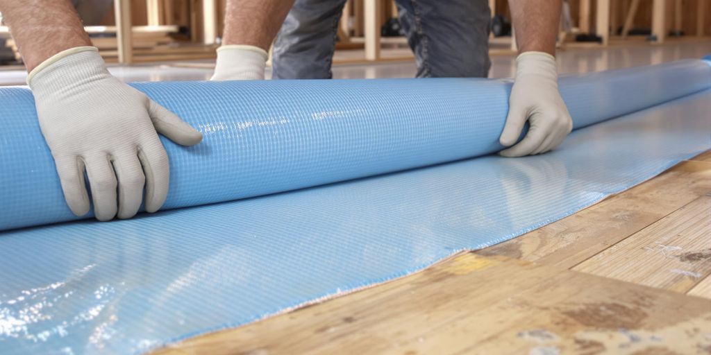 Moisture barrier installation on sub-floor.