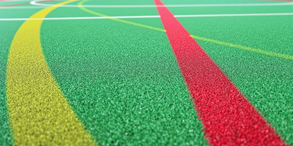 Sports arena floor, lines, vibrant colours.