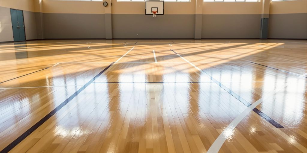Wooden sports court, vibrant light.