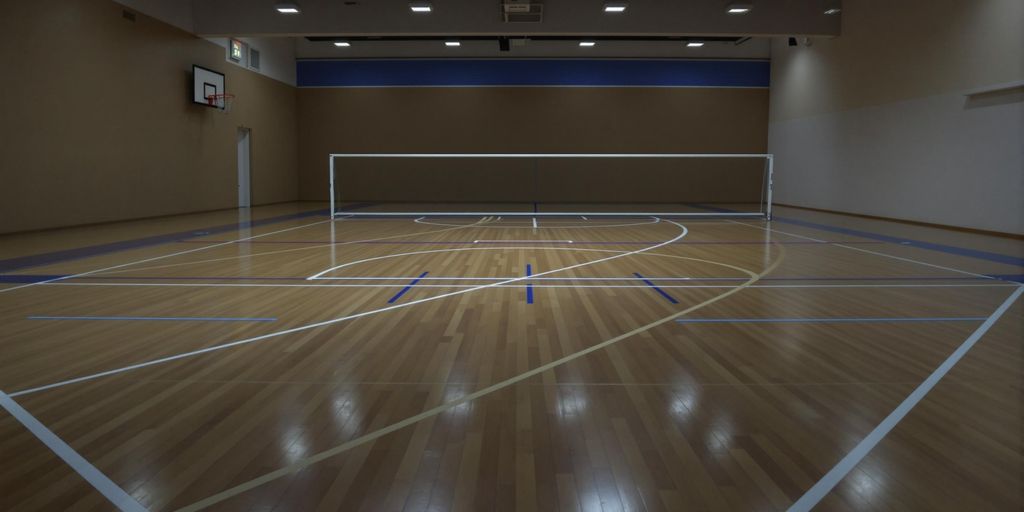 Smooth wooden futsal court, bright lines, Birmingham centre.