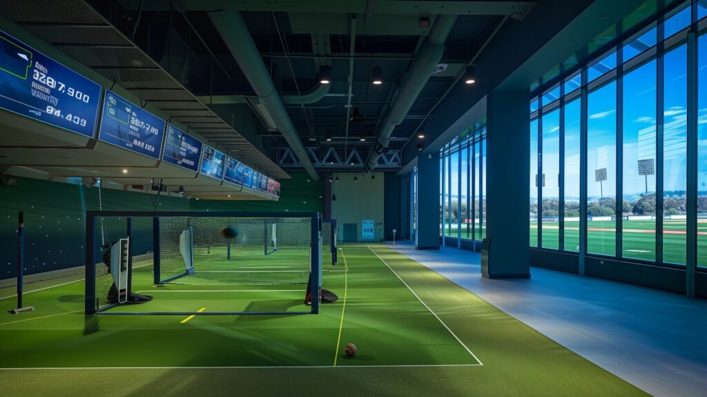 Indoor sports facility with virtual batting cages and digital scoreboards