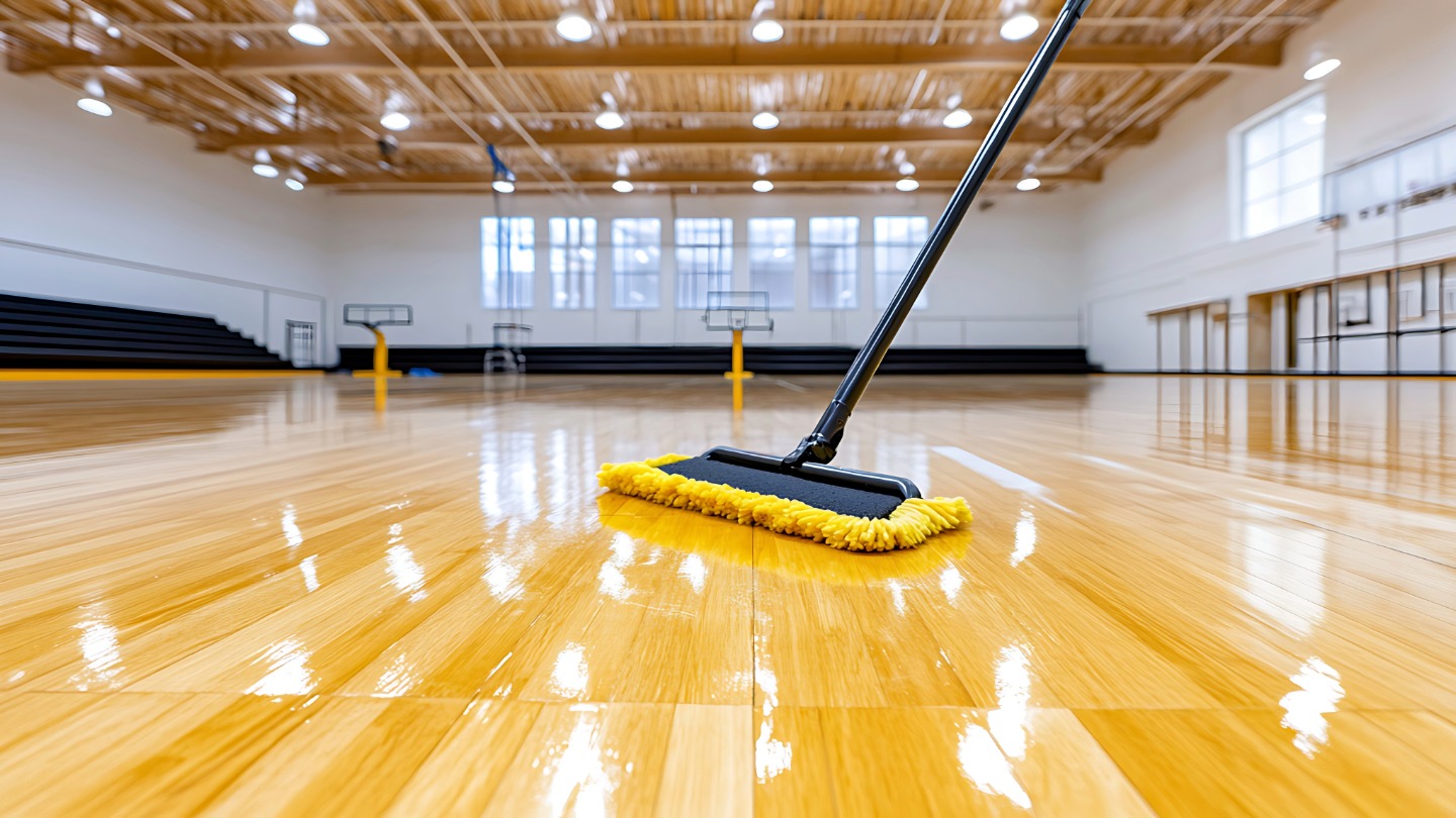 Close-up of a broom cleaning a shiny wooden gym floor