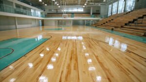 Empty indoor basketball court with polished wooden floor and bleachers