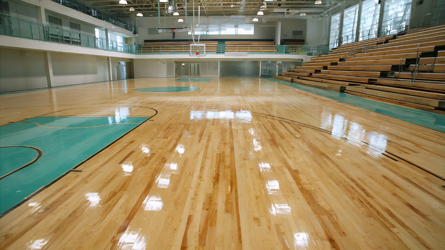 Empty indoor basketball court with polished wooden floor and bleachers