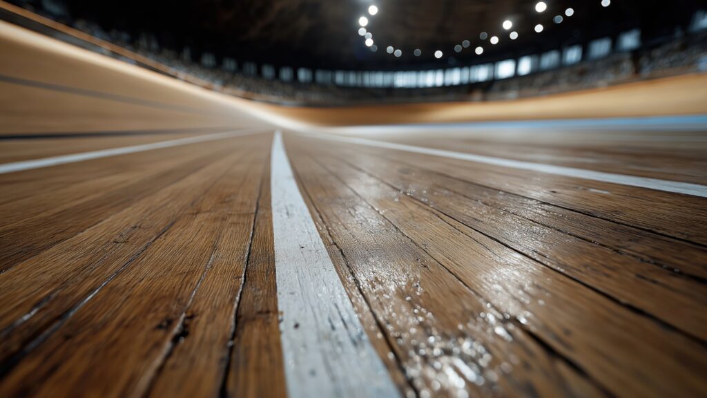Close-up view of a wooden indoor cycling track